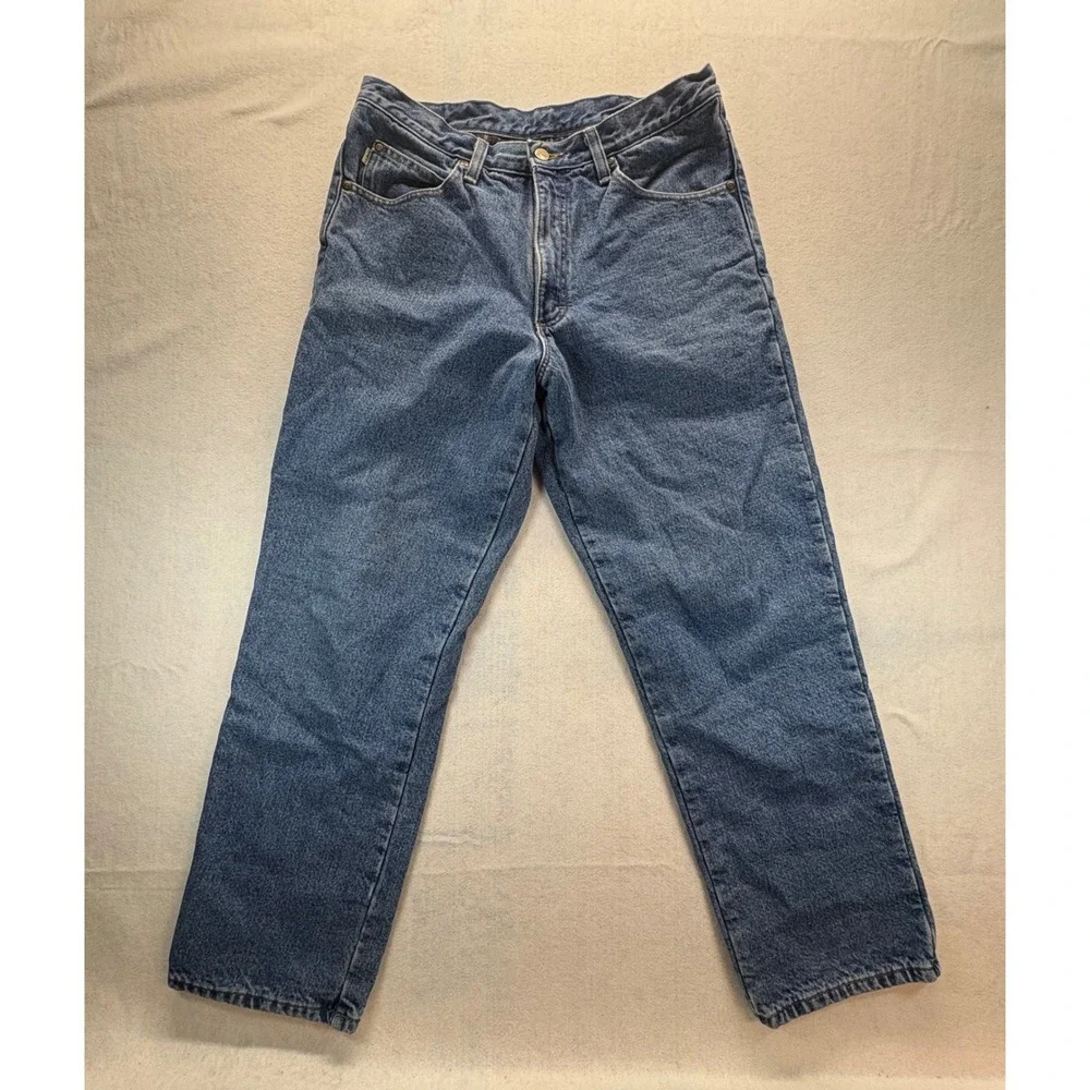 LL Bean Double L Natural Fit Flannel Lined Jeans Mens 34x30 Blue Denim Plaid